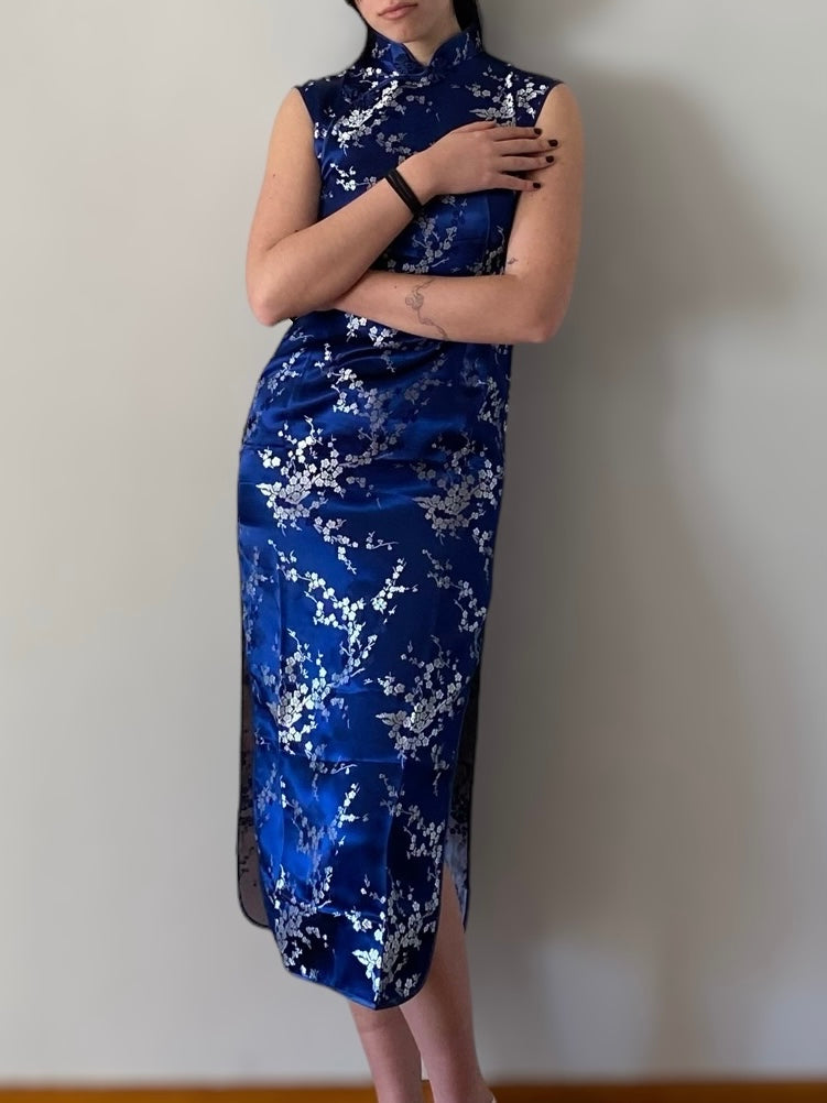 Dark blue Qipao silk long dress