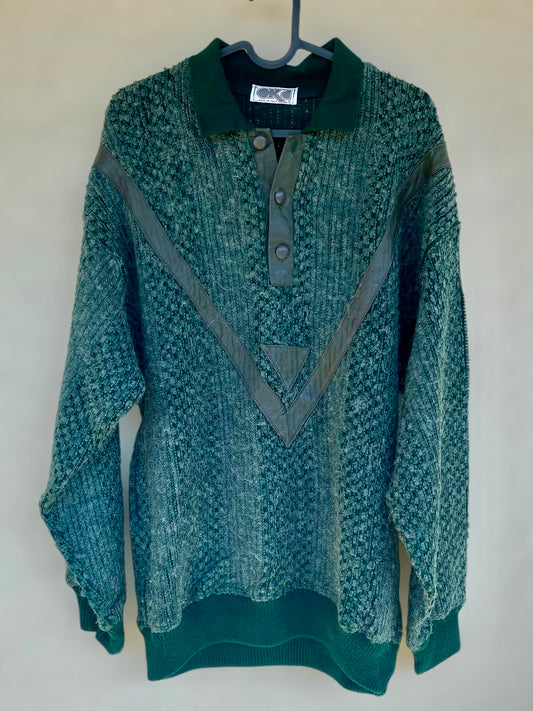 Green alpaca vintage sweater with leatherette details